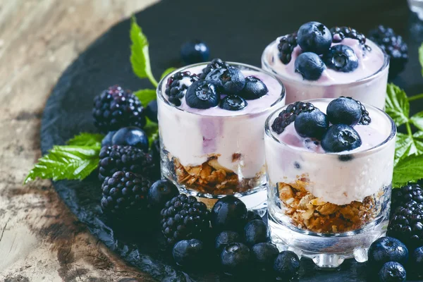 Granola casera con yogur, arándanos y moras —  Fotos de Stock