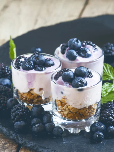 Hausgemachtes Müsli mit Joghurt, Blaubeeren und Brombeeren — Stockfoto