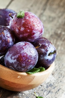 Su ile büyük mor Erik düşer ve yaprakları