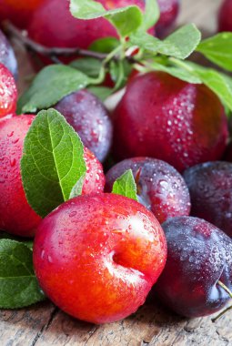 Eski ahşap arka plan üzerinde olgunlaşmış mavi ve kırmızı Erik