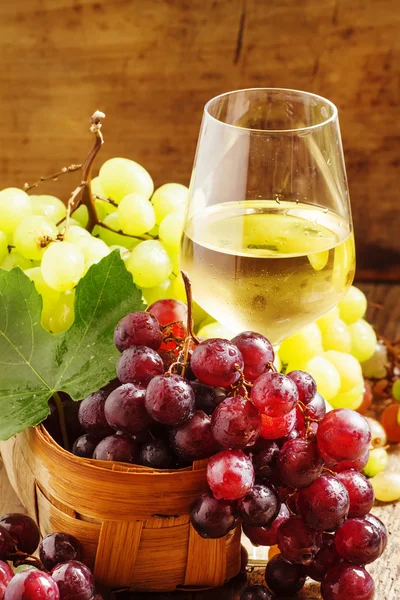 Vino bianco in calice e uva verde e rossa — Foto Stock