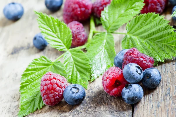 Raspberries and blueberries with leaves — Stock Photo, Image