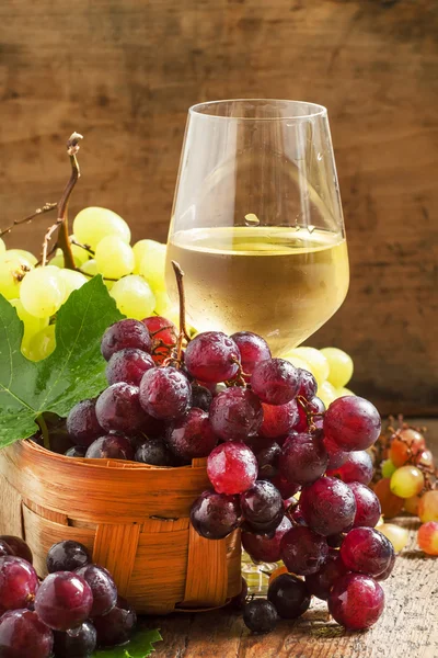 Bílé víno ve sklenici a zelené a červené hrozny — Stock fotografie