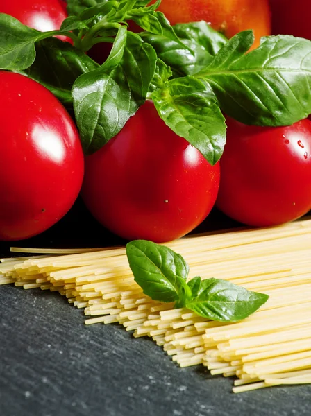 Conceito de comida italiana com massa, tomate e manjericão — Fotografia de Stock