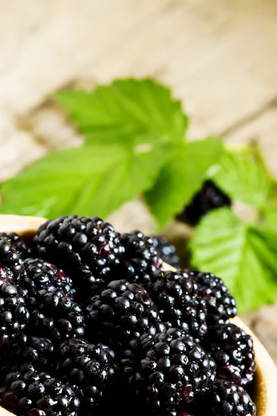 Frische Brombeeren mit Blättern in einer Holzschale — Stockfoto