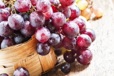 Hasır sepet içinde mor yuvarlak olgun üzüm  