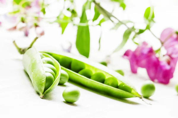 Grüne Erbsen in Hülsen auf weißem Hintergrund — Stockfoto