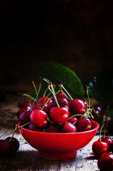 Червоні солодкі вишні в червоній мисці — стокове фото