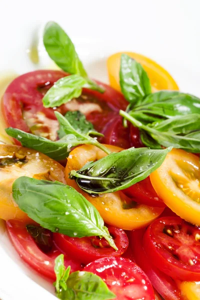 Salada de legumes de tomates coloridos e manjericão — Fotografia de Stock