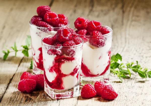 Raspberry ice cream with berries and mint — Stock Photo, Image