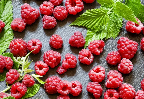 Juicy ripe raspberries with leaves — Stock Photo, Image