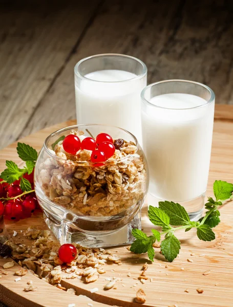 Hälsosam frukost med müsli, mjölk och red cuurant — Stockfoto