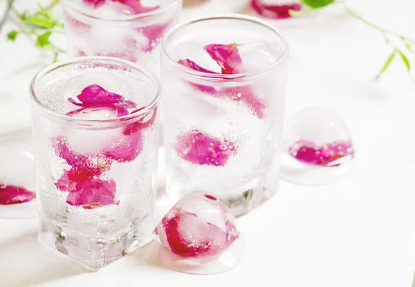 Świeży musujące napoje z lodem z płatków róży — Zdjęcie stockowe