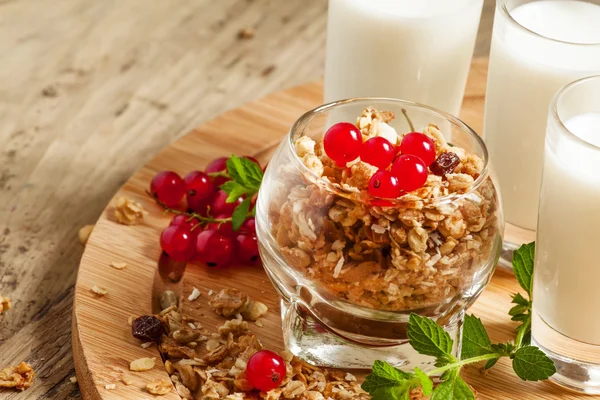 Café da manhã saudável com muesli, leite e cuurante vermelho — Fotografia de Stock