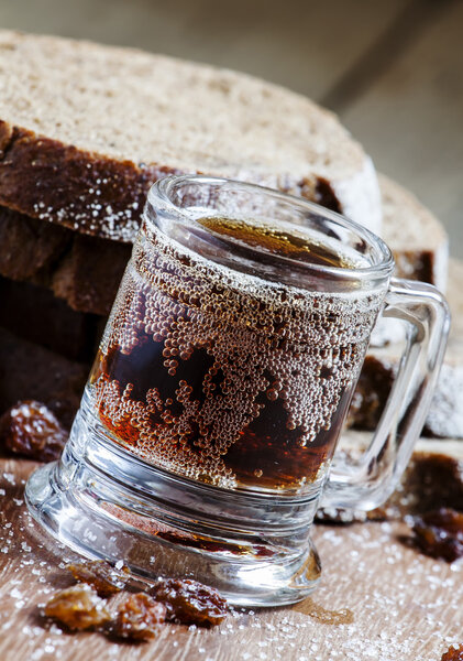 traditional Russian drink kvass in an old-fashioned mug