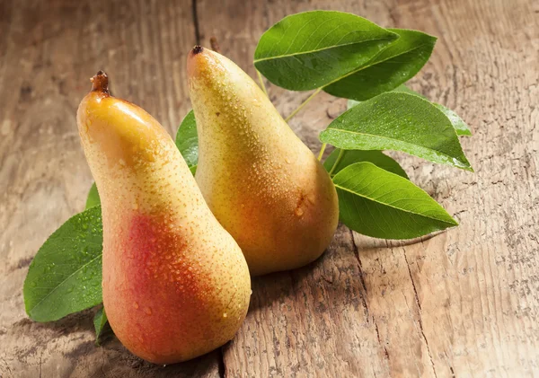 Två ruddy långa gula päron med blad — Stockfoto
