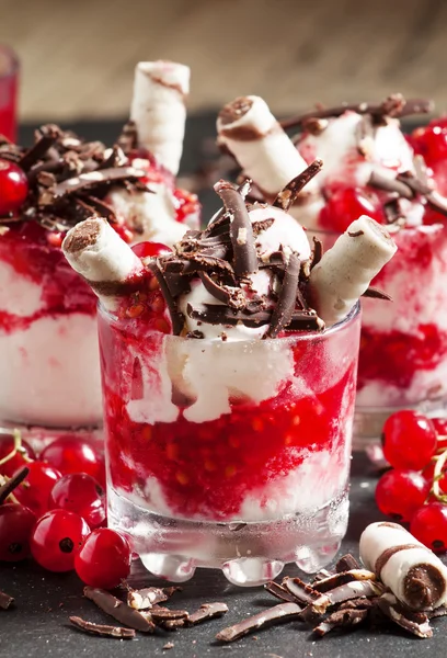 Piros ribiszke vanília fagylalttal — Stock Fotó