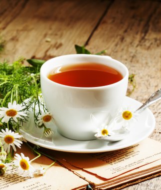 fincan siyah çay, vahşi chamomiles, eski kitap