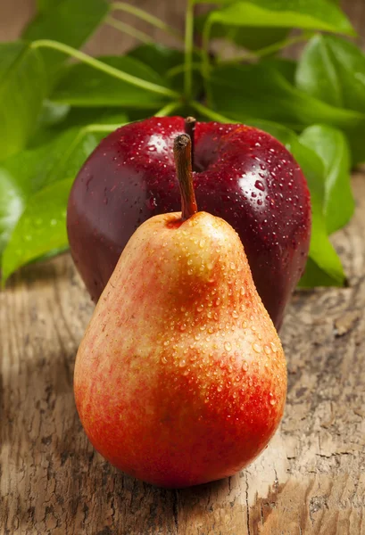 Roter Apfel und gelbe Birne — Stockfoto