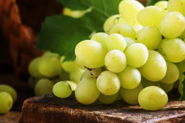 Yaprakları, vintage ahşap arka plan ile yeşil üzüm