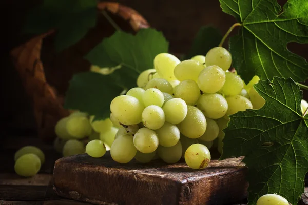 Yaprakları, vintage ahşap arka plan ile yeşil üzüm