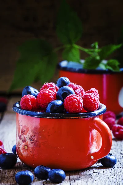 Frische Himbeeren und Blaubeeren im roten Emaille-Becher — Stockfoto