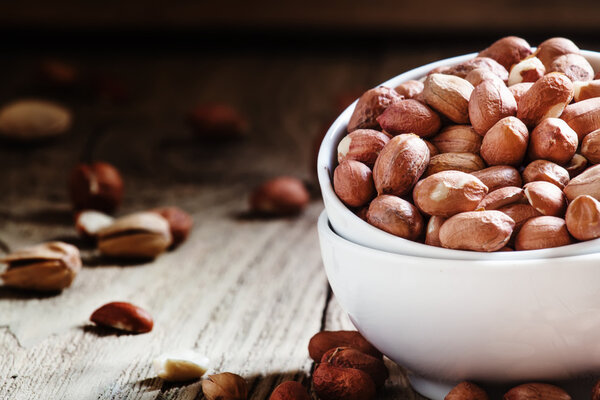 Raw peanuts, selective focus