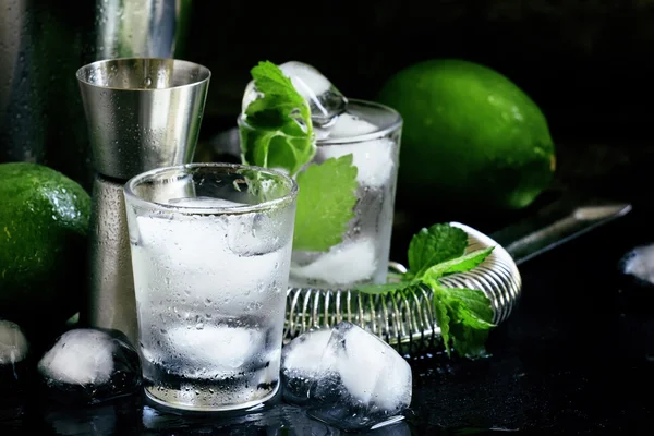 Herstellung von Cocktails, Barwerkzeugen, Eis und Alkohol — Stockfoto