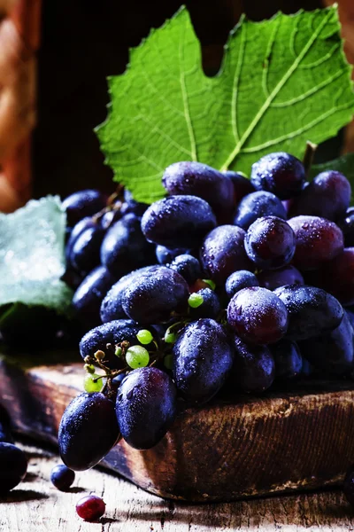 Uvas azuis na velha mesa de madeira — Fotografia de Stock