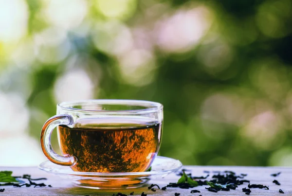 Стеклянная чашка чая, натуральный размытый фон — стоковое фото