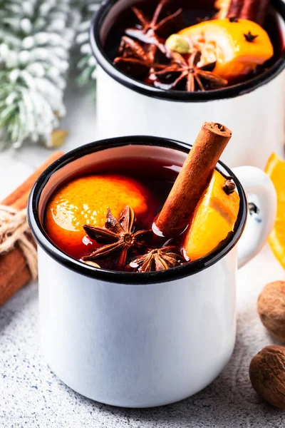 Mulled Wine White Metal Mugs Cinnamon Spices Orange Gray Background — Stock Photo, Image