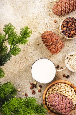 Sedir fıstığı sütü, bej masa arkaplanı. Sütsüz alternatif süt. Sağlıklı vejetaryen yiyecek ve içecek konsepti. Boşluğu kopyala, üst görünüm