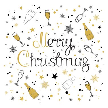Noel ve Yeni Yıl seti siyah altın eşyalar, elle çizilmiş metinler. Şampanya, bardak, kar taneleri ve yıldız nesneleri, vektör illüstrasyonu