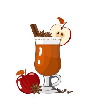 Sert elma birası ya da içkiye hazır punç. Tarçınlı kokteyl. Beyaz arka planda düz stil alchohol içeceğinin kışın temsili.