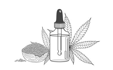 Esrar ya da kenevir yaprağıyla kenevir tohumu yağı şişesi, kasede tohum. Beyaz arkaplanda el çizimi çizimi çizim biçimi ile vektör illüstrasyonu