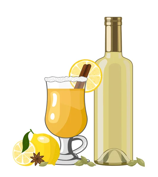 白色的覆膜葡萄酒 有香料和水果在玻璃杯中 向量图以扁平的风格 白色背景下的传统冬暖饮料 — 图库矢量图片