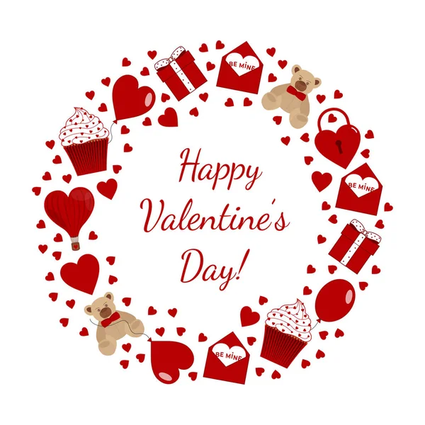 ハッピーバレンタインの日は白い背景に設定された赤い要素が大好きです ハート ギフト カップケーキ ロック 母の日のクマ 誕生日 結婚式 ベクターイラスト — ストックベクタ