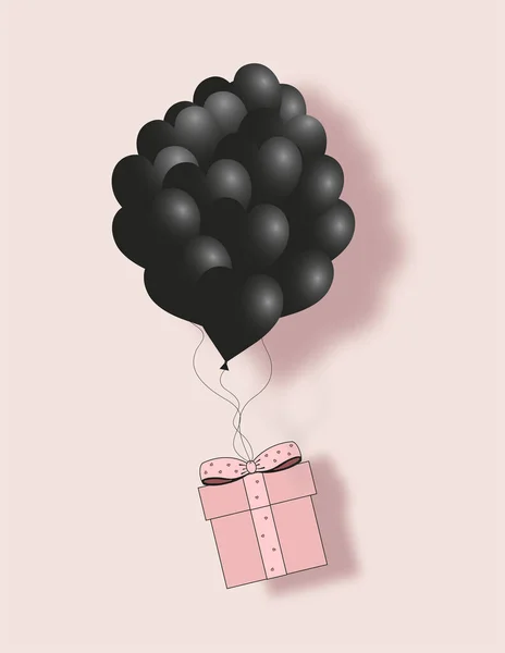 Valentines Schwarze Herzen Ballon Mit Geschenk Box Postkarte Auf Blassrosa — Stockvektor