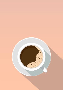 Fincan tabağı ile Espresso kahve fincanı, üst manzara. Pembe arka plan. Düz biçim vektör illüstrasyonu