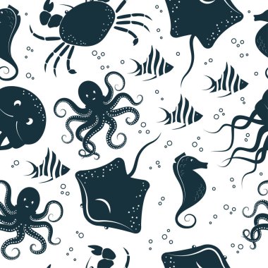 Deniz altı hayvanları ve okyanus balığı düz el beyaz arka planda baskı, tekstil, duvar kağıdı, ambalaj için pürüzsüz desen çizdi 