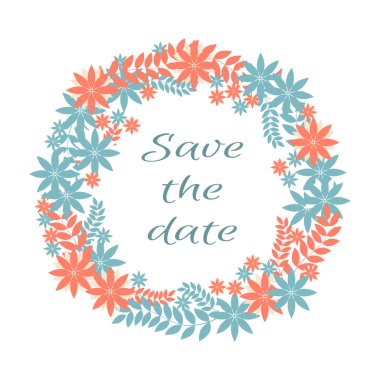 Tatlı pastel çiçekleri ve yapraklarıyla yuvarlak çiçek çelengi. Tebrik kartları, davetiyeler, baskılar, bebek partisi, düğün için vektör illüstrasyonuName