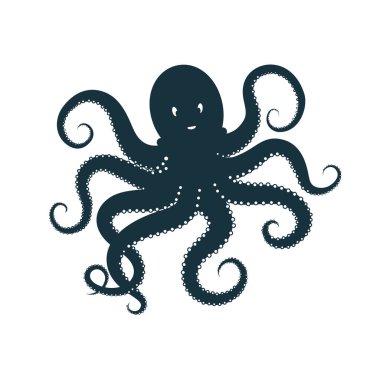 Ahtapot, beyaz arkaplanda koyu mavi bir siluet. Okyanus hayvanı karakteri logosu ya da işareti. Vektör illüstrasyonu 