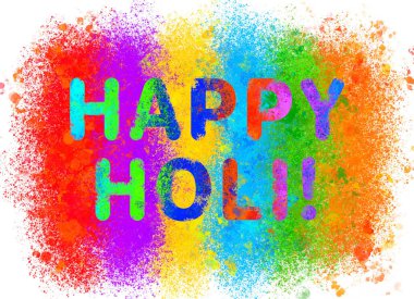 Soyut renkli Mutlu Holi arkaplanı, beyaz üzerine dijital çizim renk noktaları