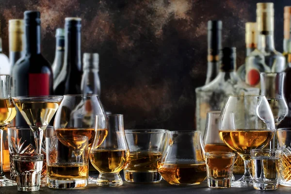 Hard Strong Alcoholic Drinks Distillates Glasses Bottles Assortment Vodka Cognac — Stock Photo, Image