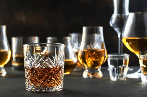 Hard Strong Alcoholic Drinks Distillates Glasses Assortment Vodka Cognac Tequila — Stock Photo, Image