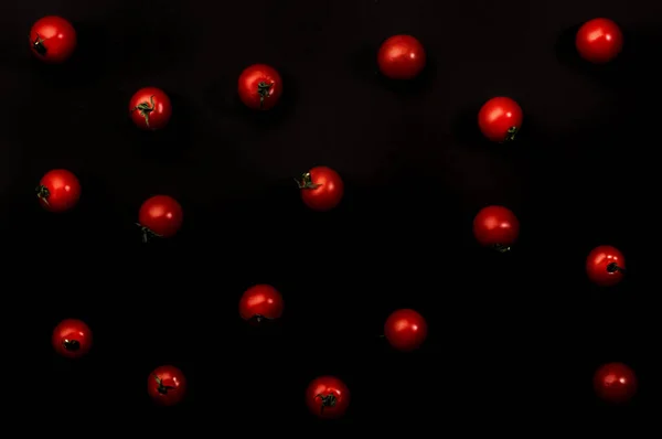 Small Red Cherry Tomatoes Black Background Top View — Stock Photo, Image