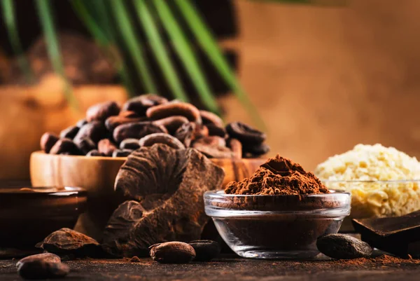 Různé Sady Kakaových Výrobků Fazole Prášek Máslo Tmavá Čokoláda Strouhané — Stock fotografie