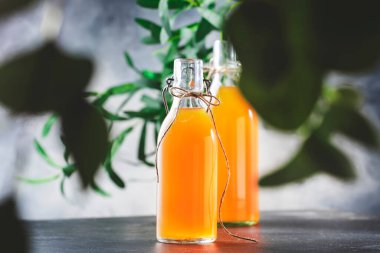 Mayalanmış Raw Kombucha İçki Şişesi. Boşluğu Kopyalayan Gri Tablo Arkaplanı