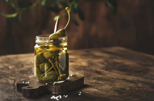 Capers Marinated Pickled Canned Capers Fruit Glass Jar Wooden Table — Stock Photo, Image