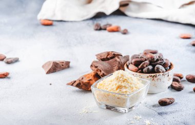 Organik kakao kasesi, fasulye, gri masada rendelenmiş yumru. Boşluğu kopyala